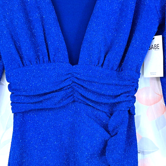 Symphony Ruched Dress Womens Small Blue Lights Down Low Glitter V Neck Plunge - Picture 3 of 14